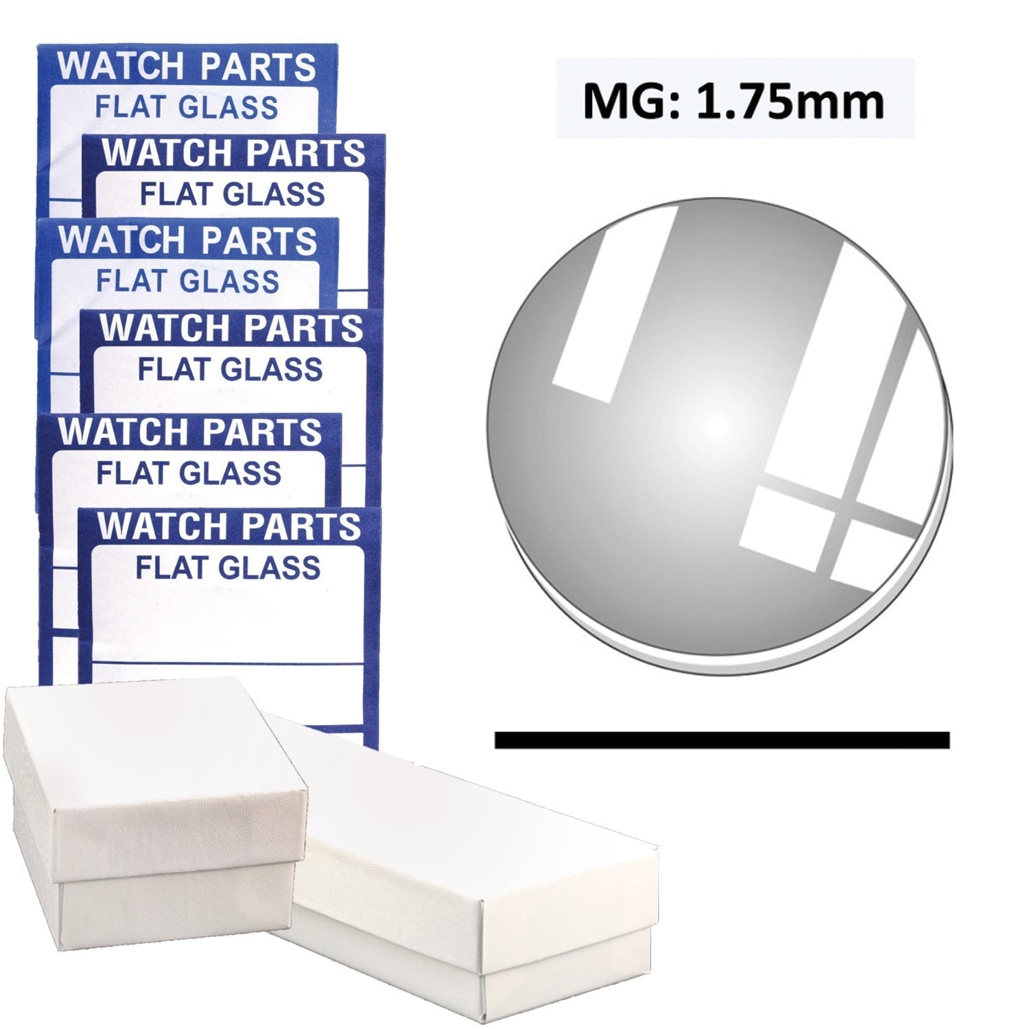 MG: 1.75mm Thick Round Flat Mineral Glass Crystal, (17.0~34.0mm) Set of 35 PCs.
