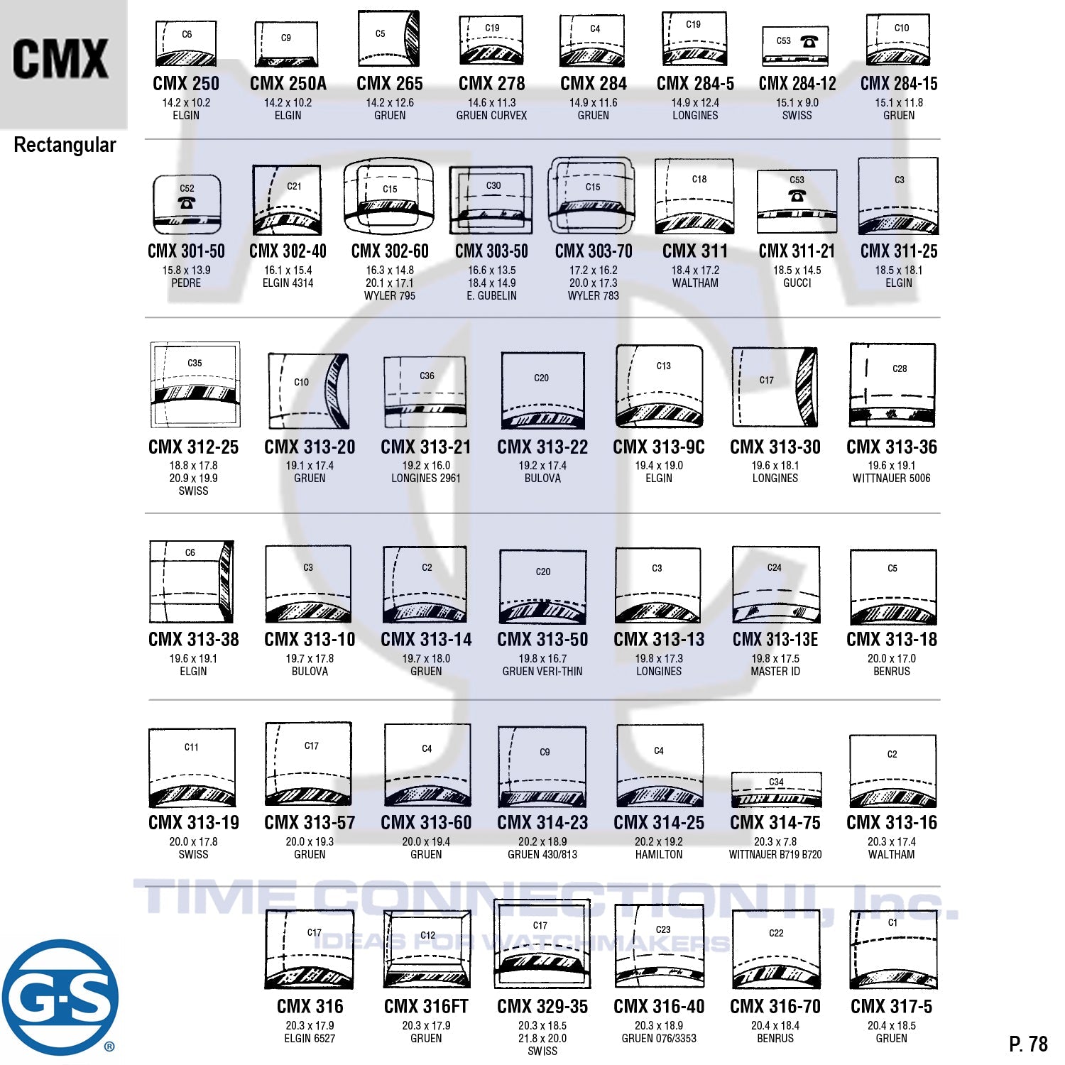 G-S RECTANGULAR (CMX) MILITARY CYLINDER FANCY CRYSTALS - PLASTIC CURVED LOWER EDGE