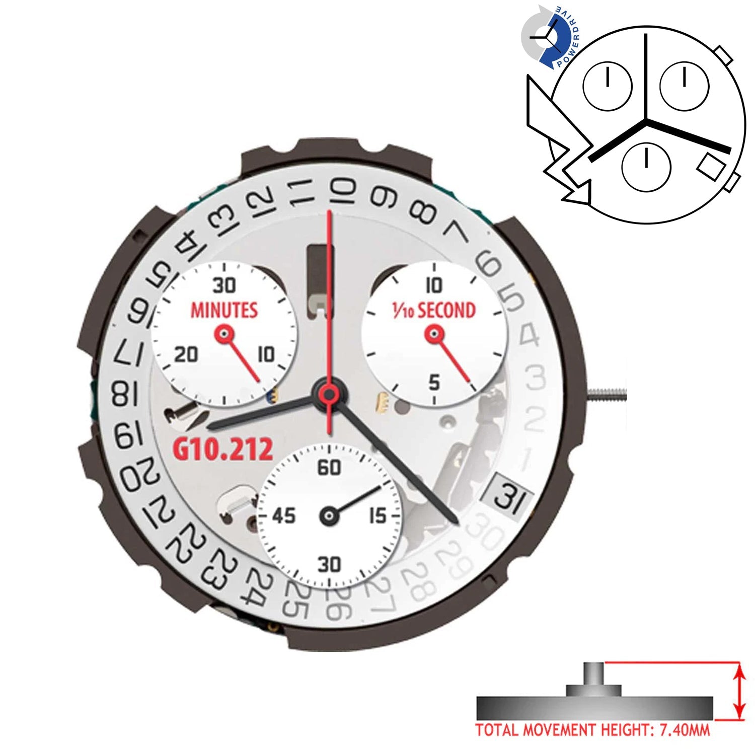 ETA G10.212 4 Hands Swiss Made Chronograph Movement Ht. 7.40MM (Various Dates)
